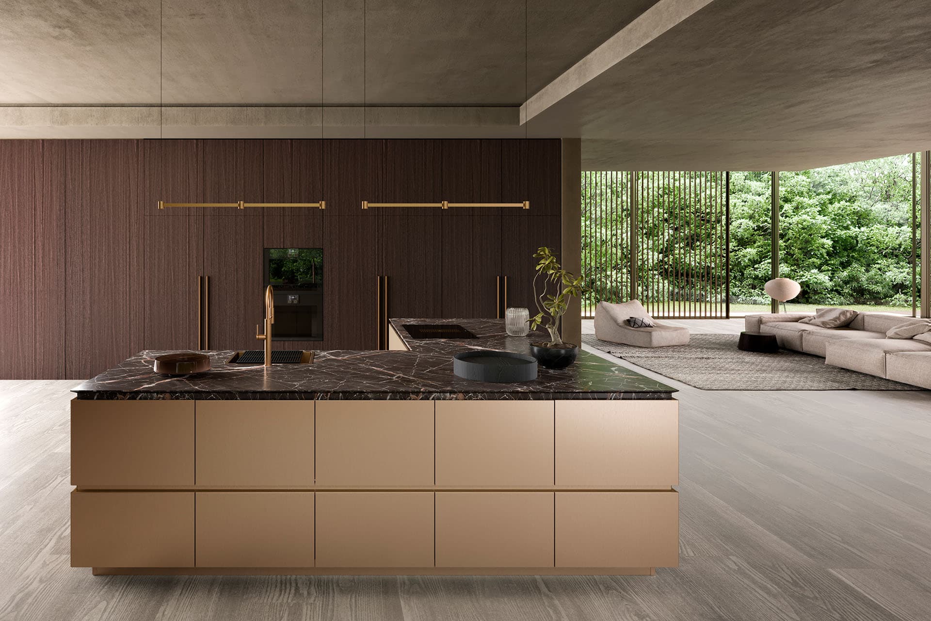Cucina con isola in rame e marmo scuro