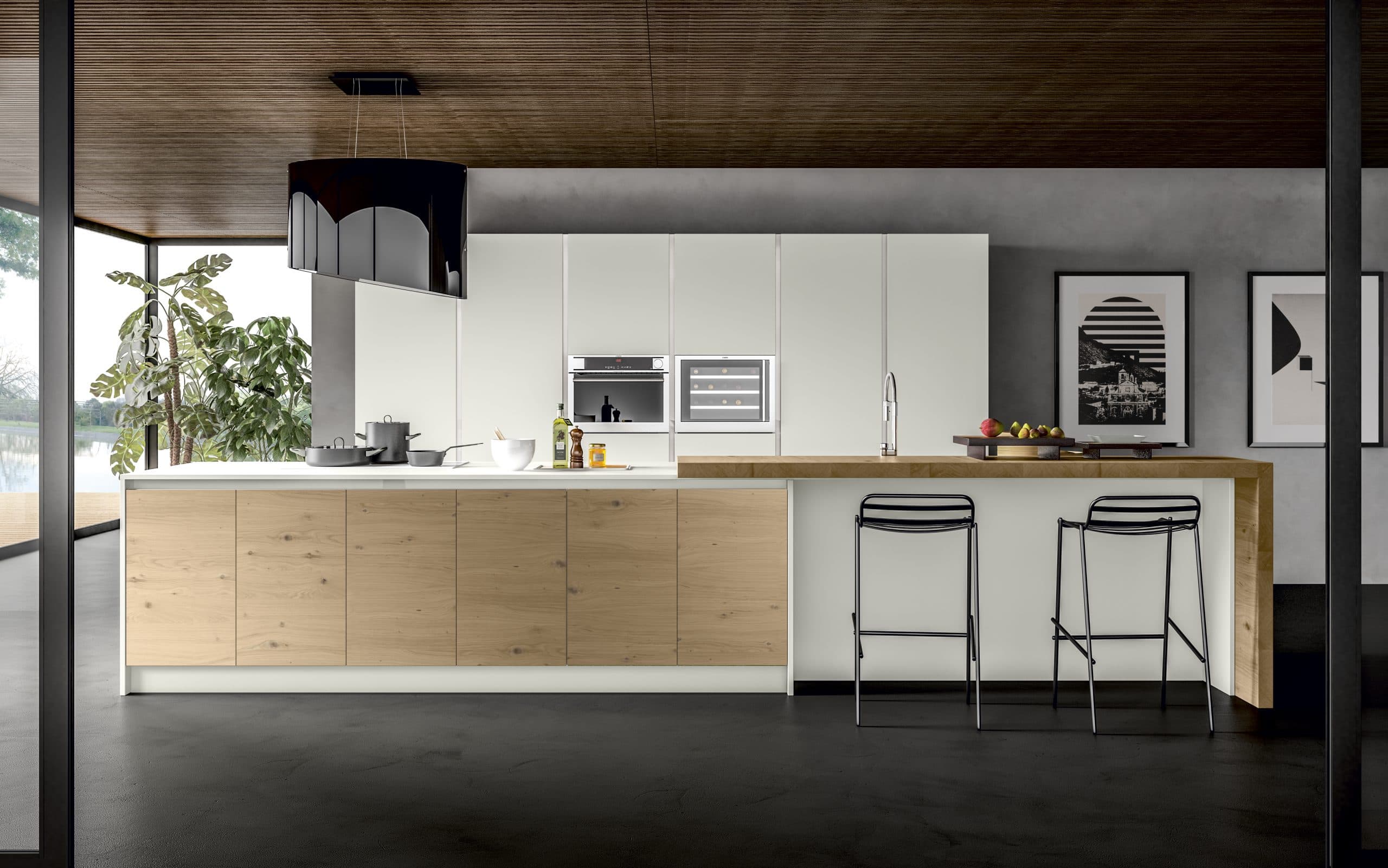 Cucina con isola legno e laccato bianco